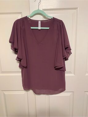 Zenana Eggplant Plum Burgundy Flutter Sleeve V Neck Blouse Sz S